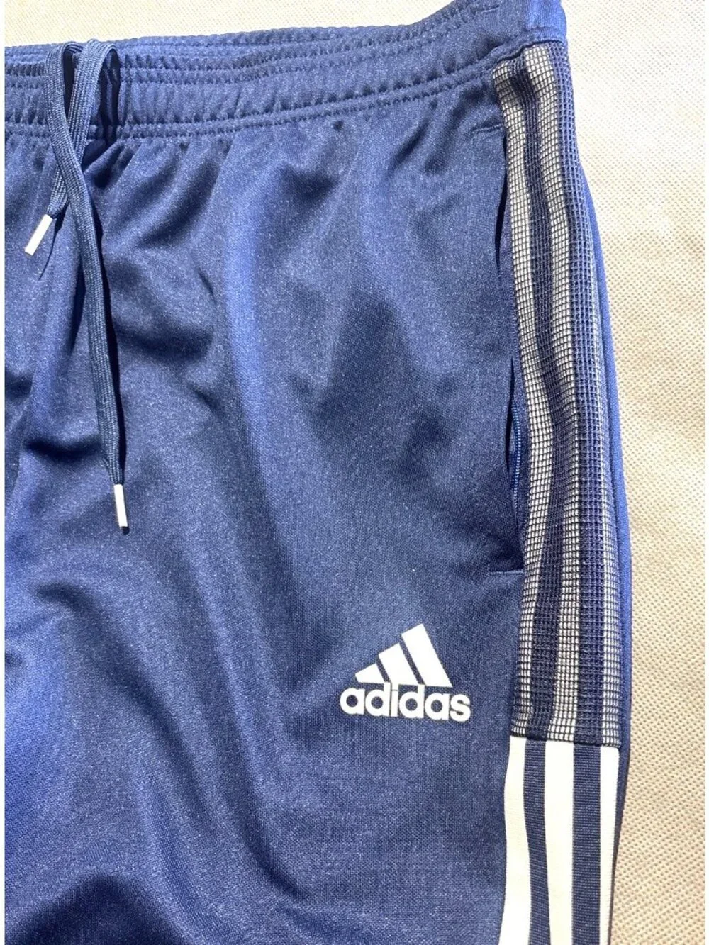 Adidas Navy Blue Track Pants With White Stripes Logo Design Drawstring Waist And
